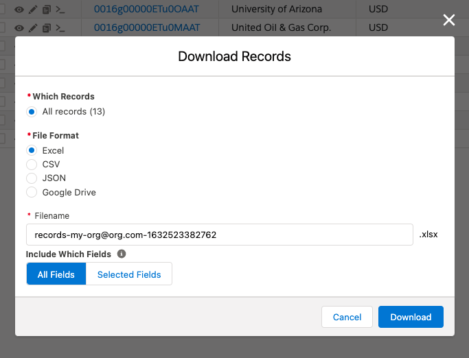 Download records modal