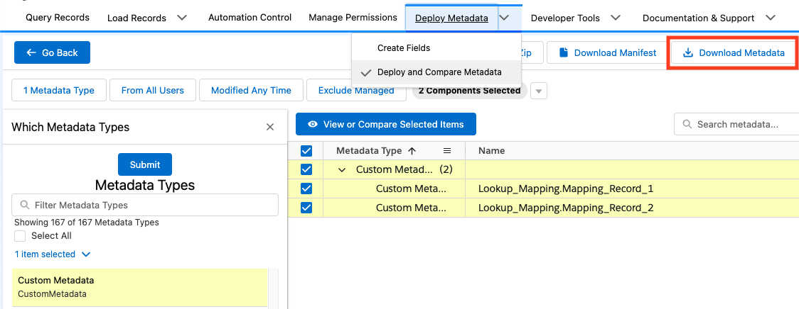 Example of using deploy and compare do download metadata